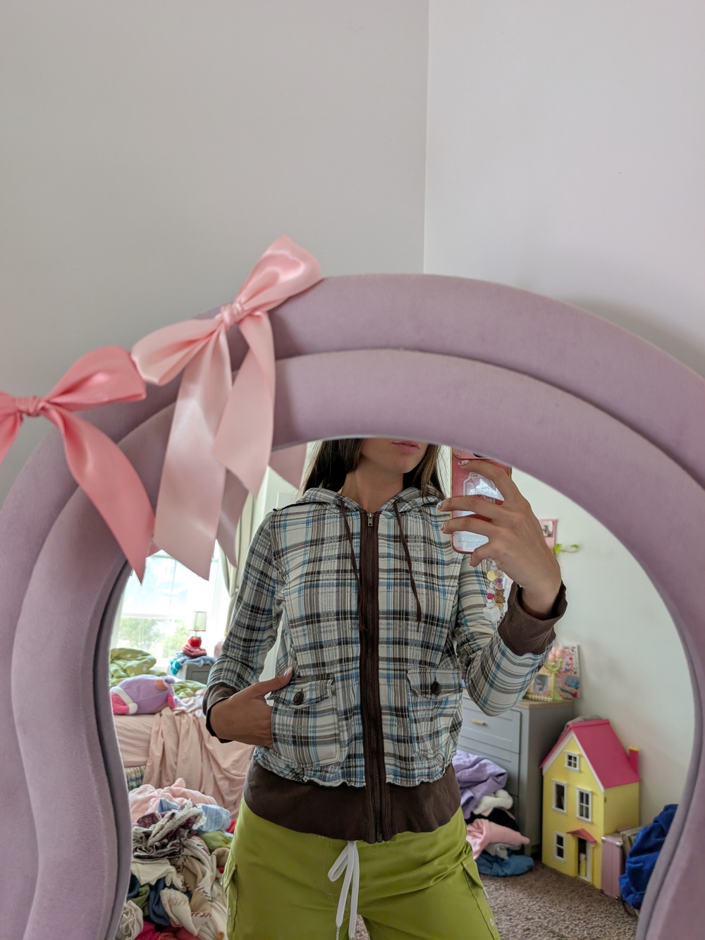 Cream and Brown Plaid Hooded Fluffy Interior Jacket Size Large